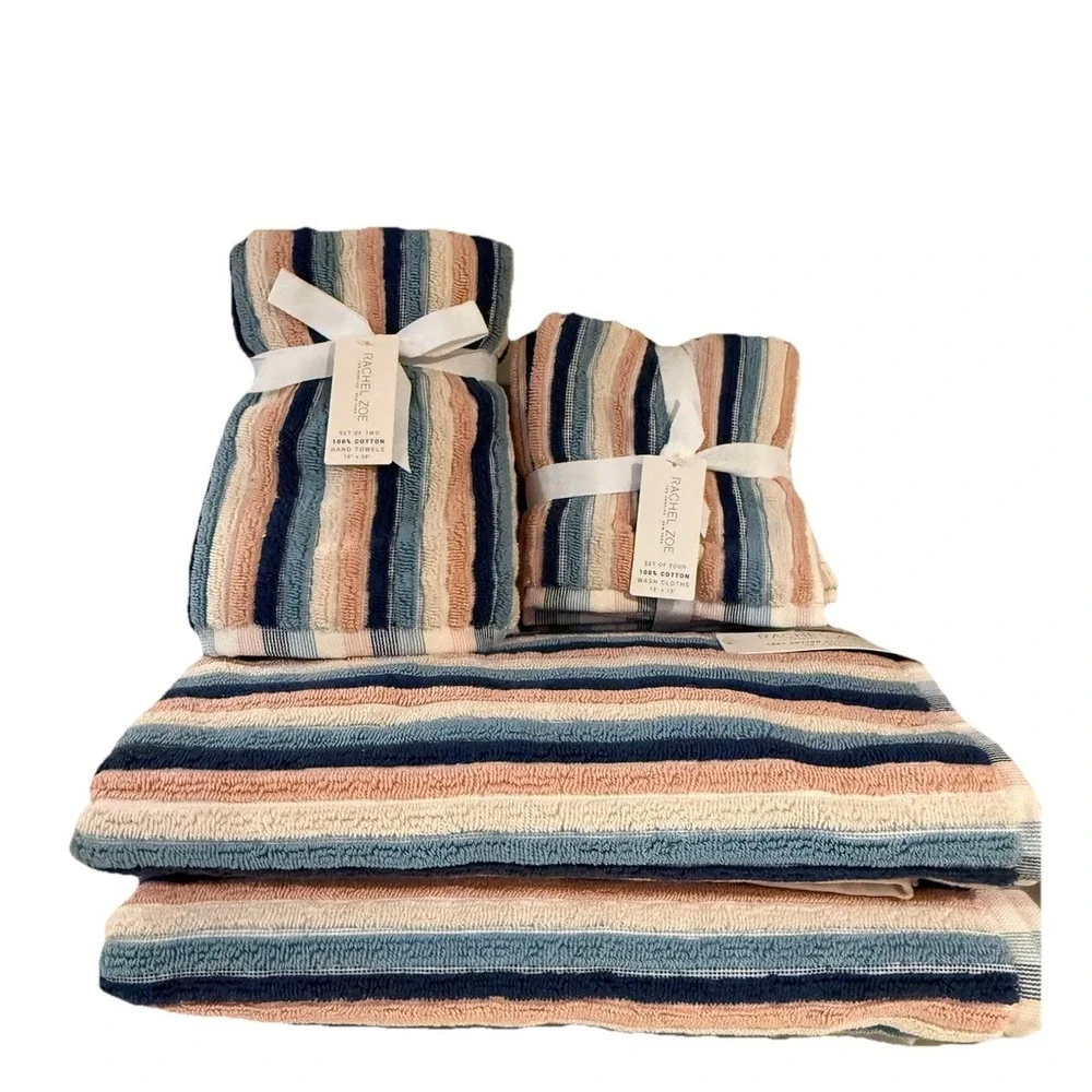 8pc Set Rachel Zoe 2 BATH 2 HAND 4 WASHCLOTH Towels ~ Pastel Blue/Pink Stripes